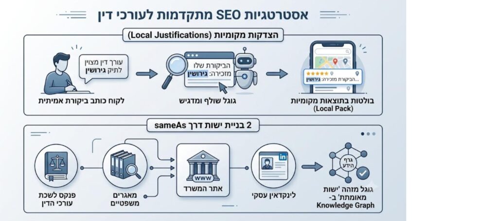 תרשים אינפוגרפיקה: אסטרטגיות SEO מתקדמות לעורכי דין - הצדקות מקומיות (Local Justifications) ובניית ישות דרך sameAs